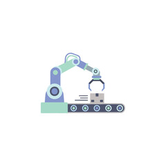 A robotic arm picks up a cardboard box from a conveyor belt in a stylized, flat illustration.