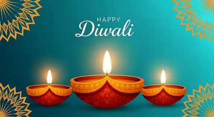 Happy diwali greeting with illuminated diyas and decorative elements