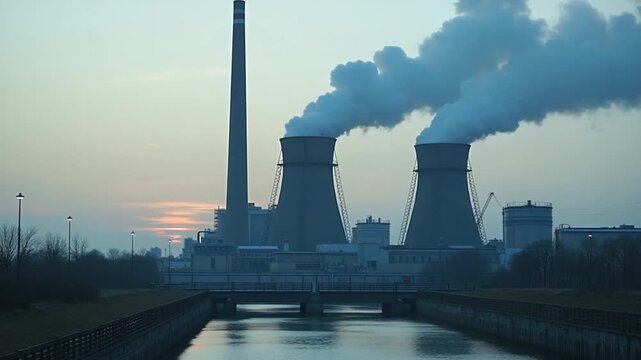 Industrial plant emitting smoke and steam, water treatment facility