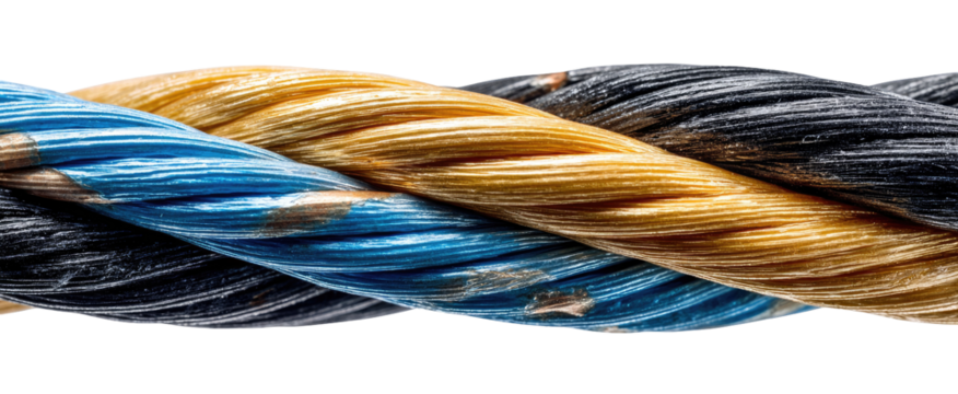 Close-up of a twisted rope with alternating bands of blue, yellow, and dark-gray
