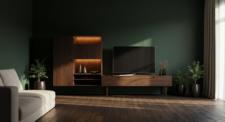 Modern living room interior with wooden furniture
