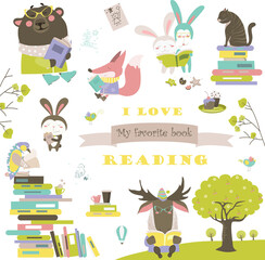 Set of cartoon animals reading books. Vector collection