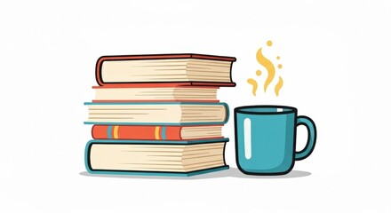Fototapeta premium Cozy Study: Stack of Books with Steaming Coffee Mug Illustration