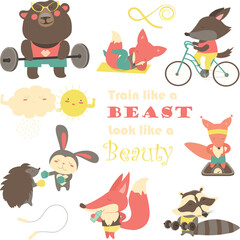Set of cartoon animals working out. Vector collection