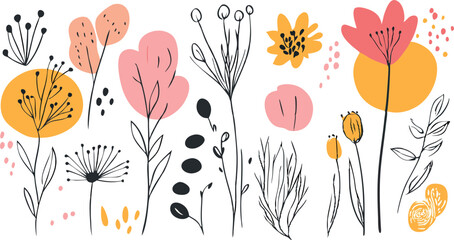 Whimsical hand drawn floral illustration with abstract shapes and vibrant colors on white background