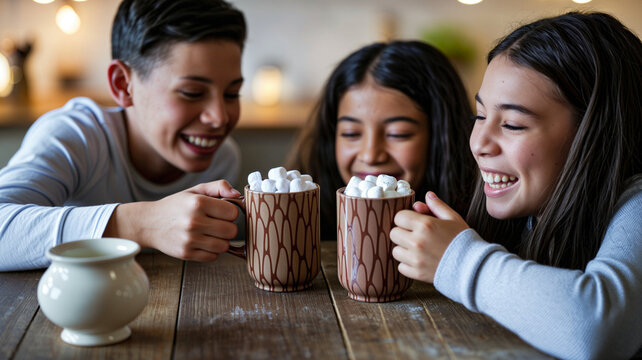 Three children enjoying hot cocoa with marshmallows at home  