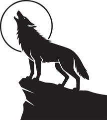 Black silhouette of a wolf howling at the moon on a cliff rock