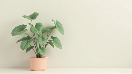 Fototapeta premium Minimalist Potted Plant with Green Leaves on Light Cream Background