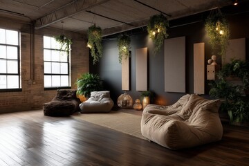 Casual loft lounge featuring bean bag seating, hanging plants, acoustic panels, and soft industrial lighting enhancing the relaxed atmosphere