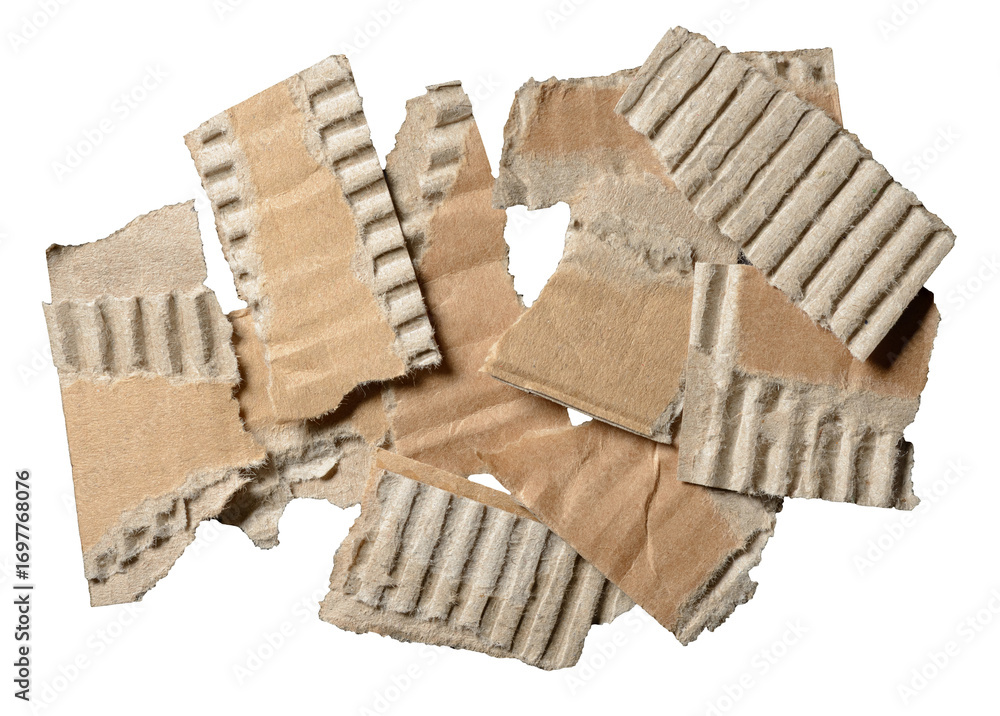 Poster Heap or stack of isolated torn pieces of brown corrugated cardboard with texture and fine details, transparent png background design element