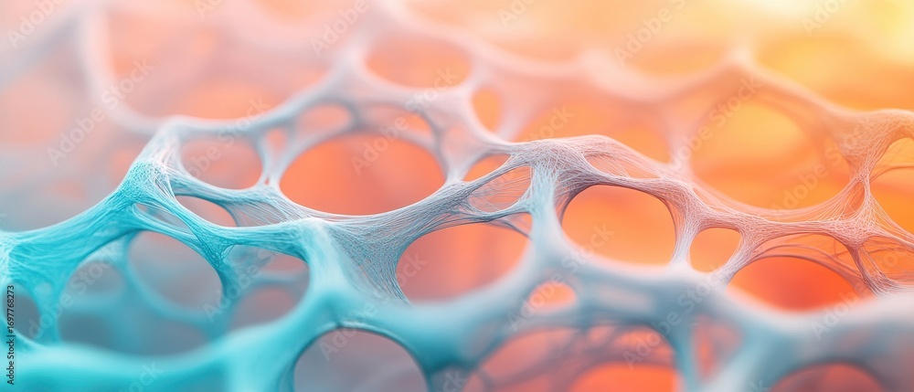 Poster abstract network structure. blue white interconnected lines. orange background with soft light. macr