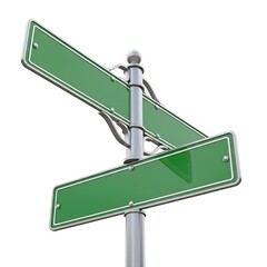 Two blank green street signs on a metal pole, pointing in opposite directions against a white background.