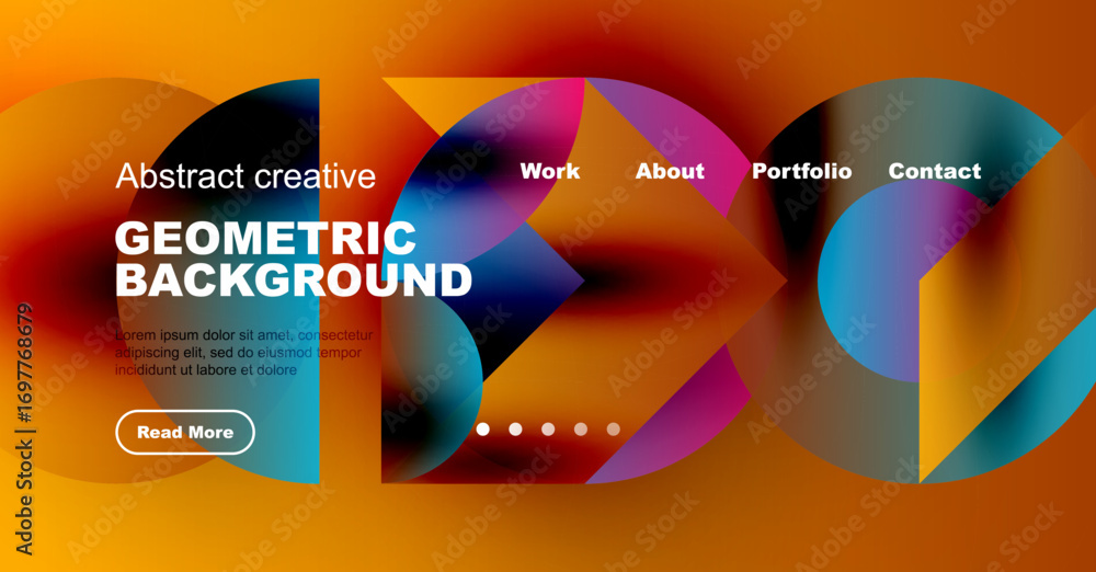 Poster abstract website header design. vibrant colors, geometric shapes, text elements, navigation menu pre