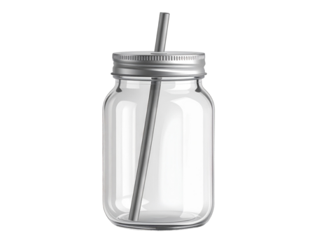 Clear Glass Jar with Straw on White Background - Powered by Adobe
