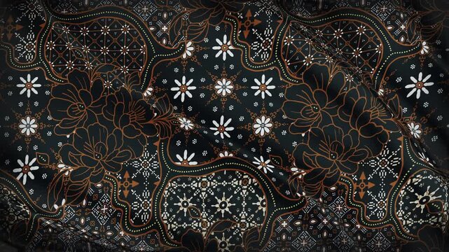 Seamless animation of Batik javanese pattern waving like a flag. Traditional Indonesian batik motif with ethnic brown and gold colors, cultural textile design, heritage background