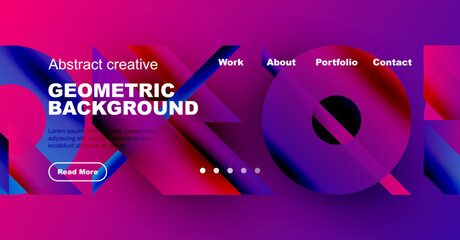 Vibrant website mockup. Geometric shapes, text overlays, navigation menu present. Modern design, purple hues dominate visual space.
