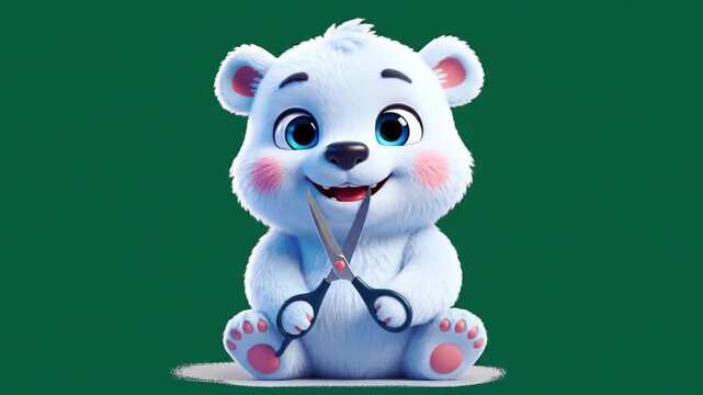 Animated polar bear character cutting paper against green backdrop
