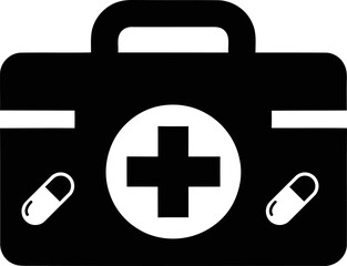 Obraz premium Simple first aid kit bag symbol with cross and pills icon