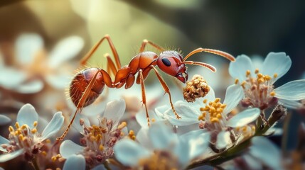 Red ant on white flower close up macro insect nature wildlife detail summer garden scene natural background
