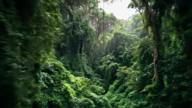 Lush, verdant rainforest scene captured with motion blur, showcasing a dense canopy of trees and vines creating a deep, immersive, and slightly mysterious atmosphere