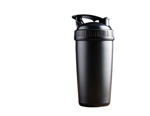 Black Protein Shaker Bottle on Wooden Surface