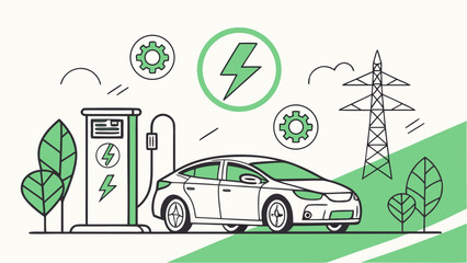 Electric vehicle vector illustration with Eco-friendly car, charging station, and green transport icons in flat design