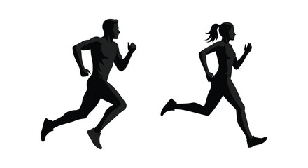 a man and woman running side by side in silhouette