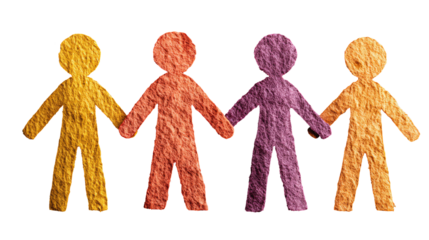 Four textured stick figures, hand-in-hand, in various shades of orange and purple, against a black background