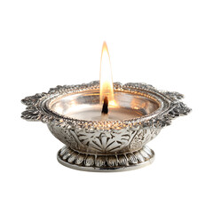 silver diya oil lamp with flame, isolated on transparent background