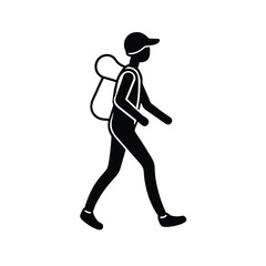 Black silhouette of a hiker with a backpack on a journey