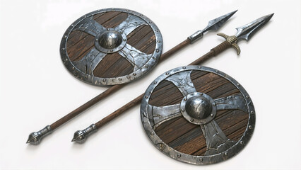 Two round shields and spears with a cross design on a white background.