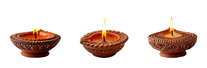 Traditional clay diya lamp, isolated on transparent background