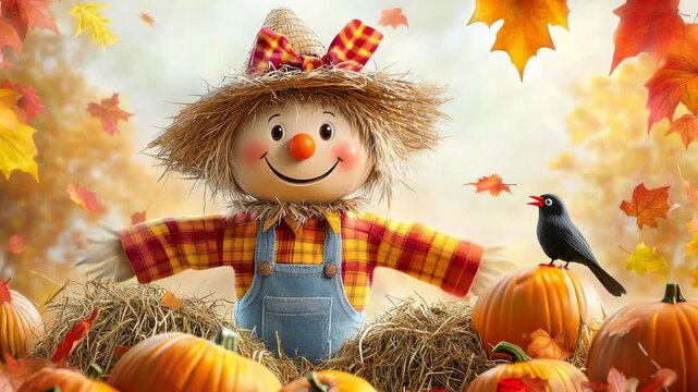 Smiling scarecrow with pumpkins and autumn leaves in field seasonal harvest decoration fall holiday scene