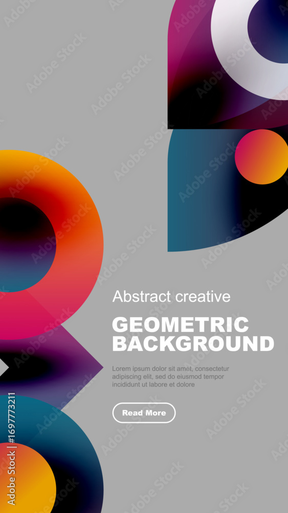 Poster abstract shapes overlap, creating vibrant color gradients. minimalist design with text elements, mod
