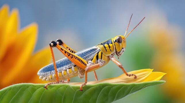 A realistic close-up of a grasshopper collecting pollen on a sunflower, macro shot, powerful hind legs and camouflaged skin, soft bokeh of dry grasslands