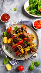Grilled skewers with colorful peppers and meat