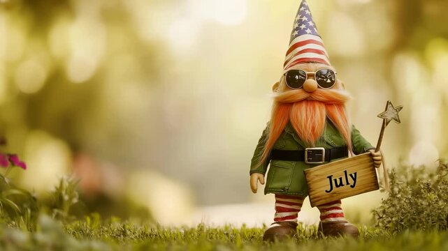 Funny gnome in hat with stars holding July sign in summer garden holiday decoration cute toy figure