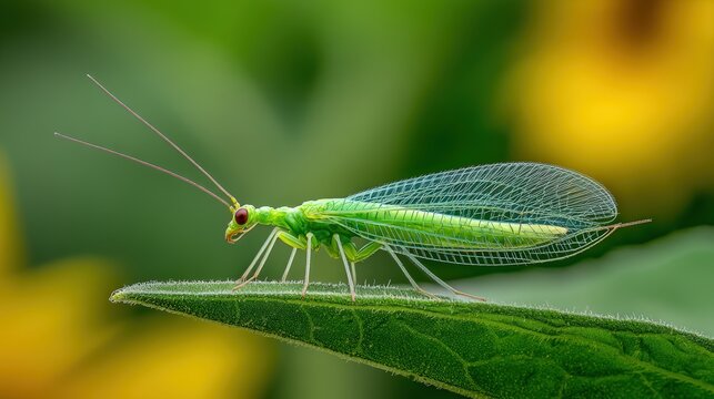 A realistic close-up of a lacewing collecting pollen on a sunflower, macro shot, delicate green wings and long antennae, blurred foliage background