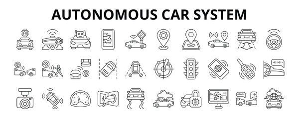 30 Autonomous Car System Line Icons Vector - Artificial Intelligence Car, GPS, Steering Assistant, Pedestrian Detection, Range Radar, Remote Access, Car IT Security