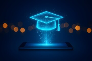 Holographic Graduation Cap Emerging from Smartphone – Online Education Concept