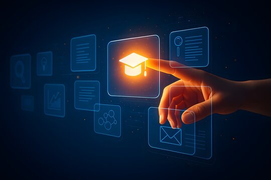 Futuristic Digital Learning Concept with Hand Touching Virtual Graduation Cap