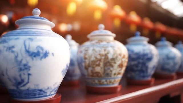 Row of decorative vases with asian decoration style