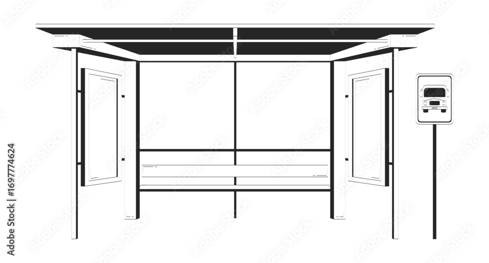 Poster empty bus stop with shelter and sign doodle lineart illustration. covered busstop with bench and bla
