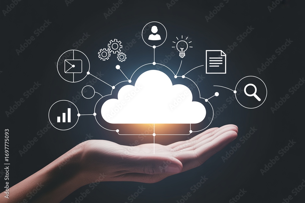 Poster cloud computing technology hand holding cloud data storage networking services and solutions concept