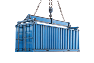 Blue shipping container suspended by a crane