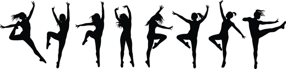 Silhouette sequence of female dancer performing dynamic modern dance moves, expressive poses, energetic movement, creative dance art, flowing motion, freedom.