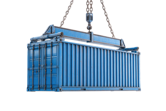 Blue shipping container suspended by a crane