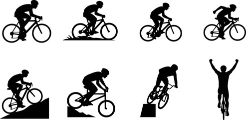 Silhouetted cyclists riding different types of bikes on various terrains, showcasing cycling disciplines and achievements with a sporty and active theme.