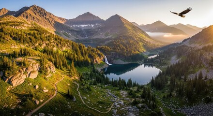 Majestic Alpine Mountain Landscape with a Serene Lake, Lush Green Forest, Flowing Waterfall, and an Eagle Soaring in the Sky