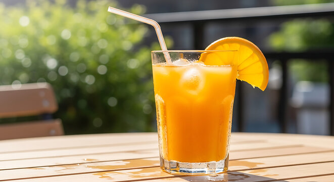 Vector illustration of refreshing orange juice with ice and a slice of orange, served outdoors on a sunny day